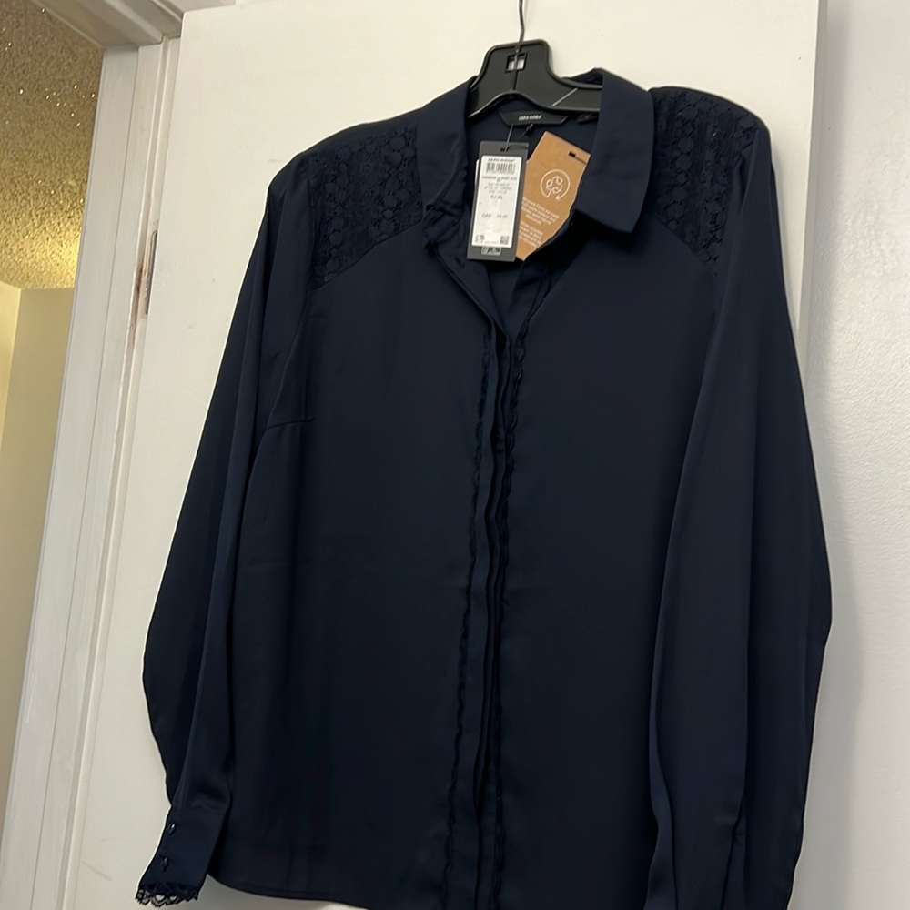 Vera Moda |  NWT- Simone Long sleeve shirt top navy blue with lace blouse XL New